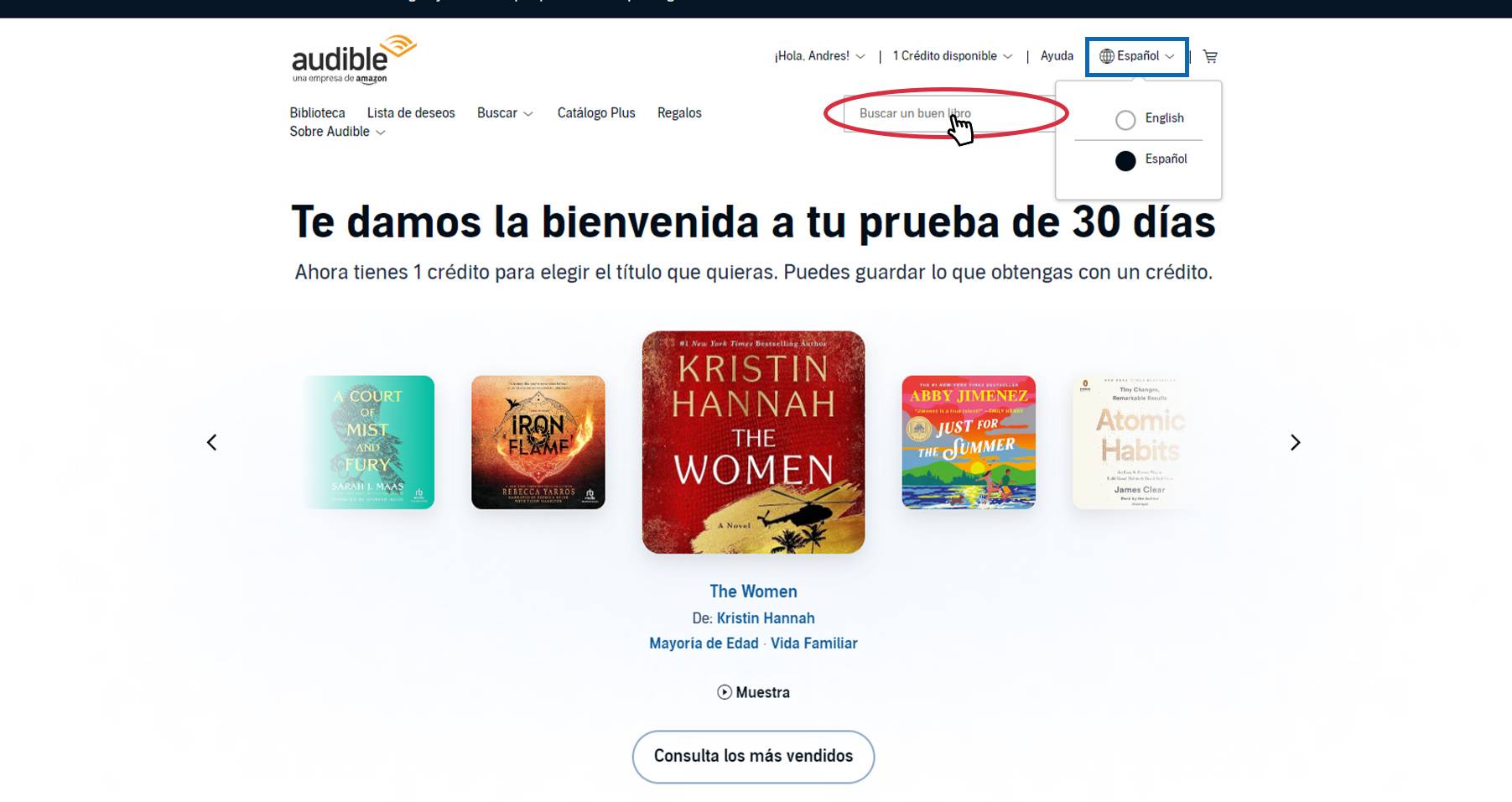 8. Busca el libro Francotiradores en el buscador. Opcionalmente el idioma puede cambiarse desde el selector en la esquina superior derecha